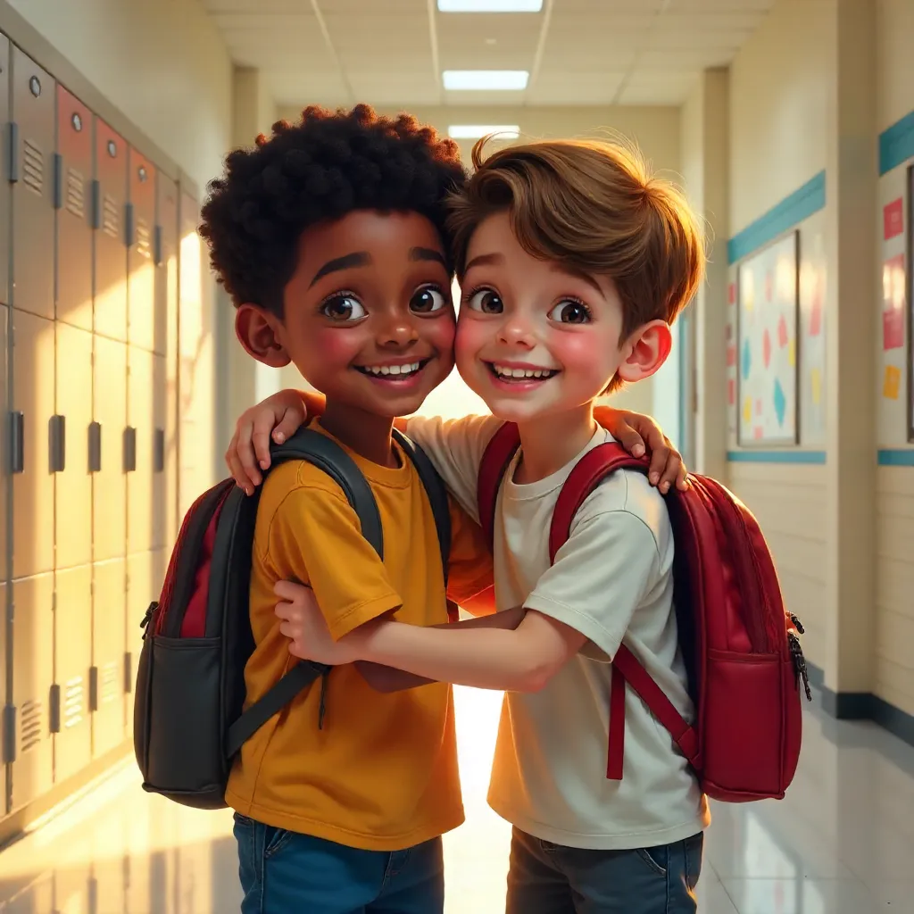 Joyful Embrace: Two Boys At School