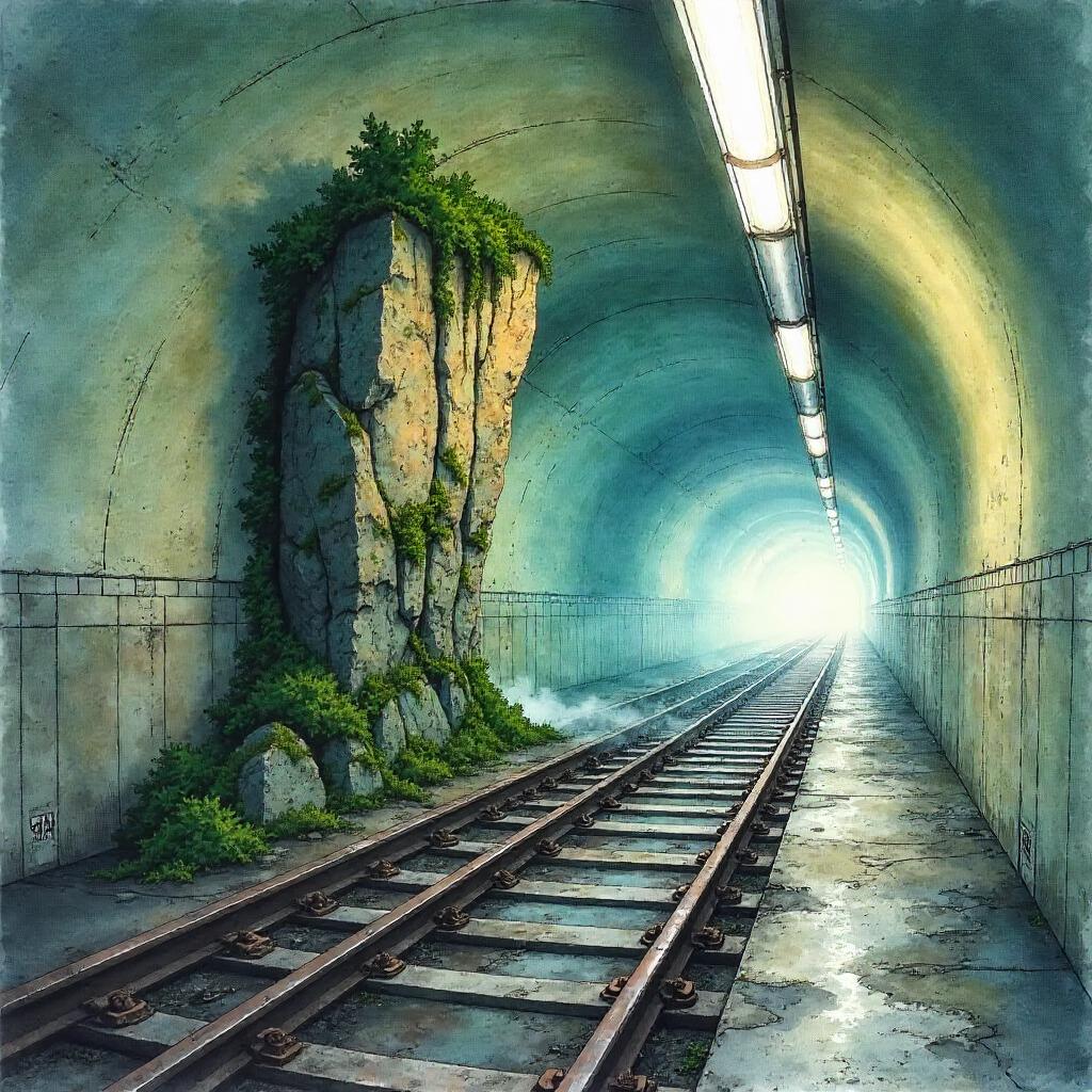 Surreal Watercolor Cliff Inside a Subway Tunnel