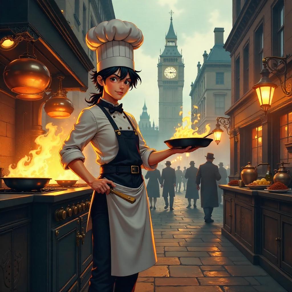 Anime-Style Chef in Foggy Victorian London