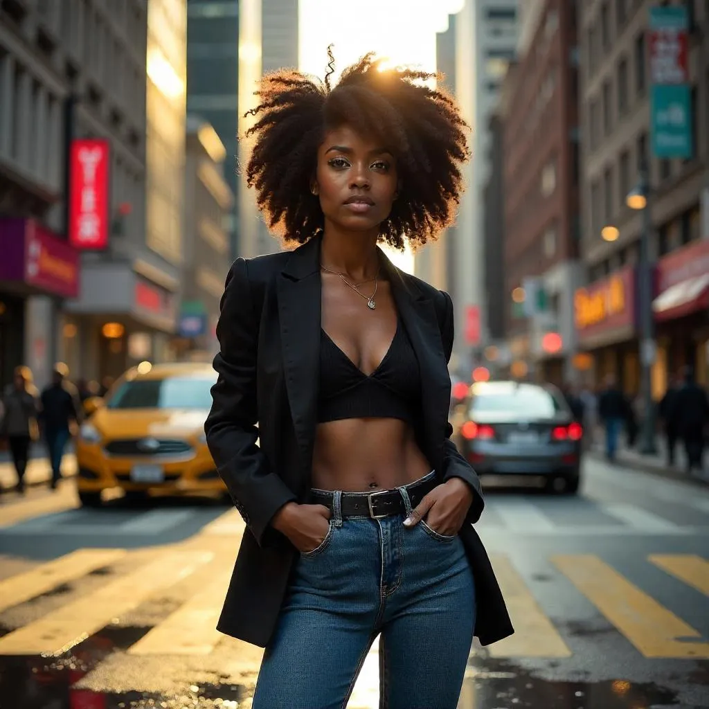 Downtown Photorealism: Beautiful Black Girl in City