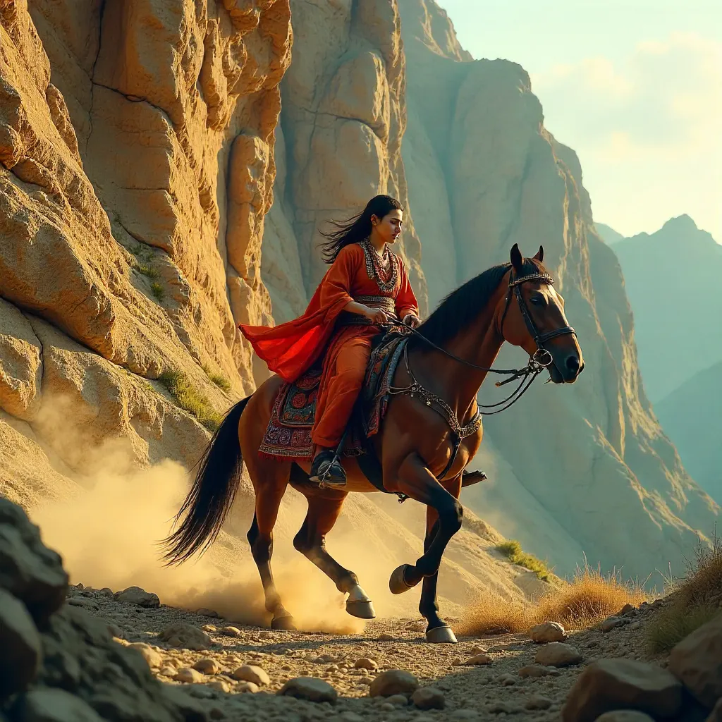 Rider in Traditional Attire by a Stone Cliff