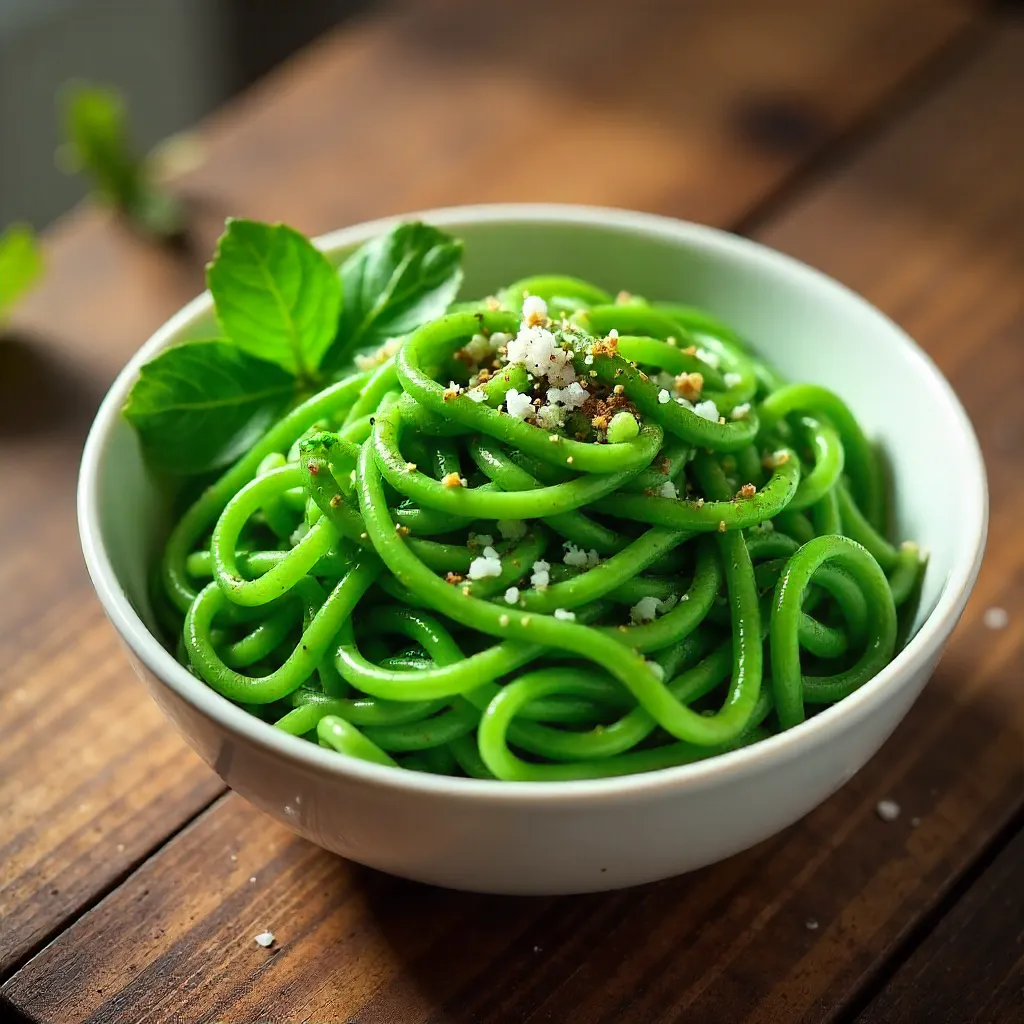Fresh Kale Noodles with Olive Oil on Wood Table