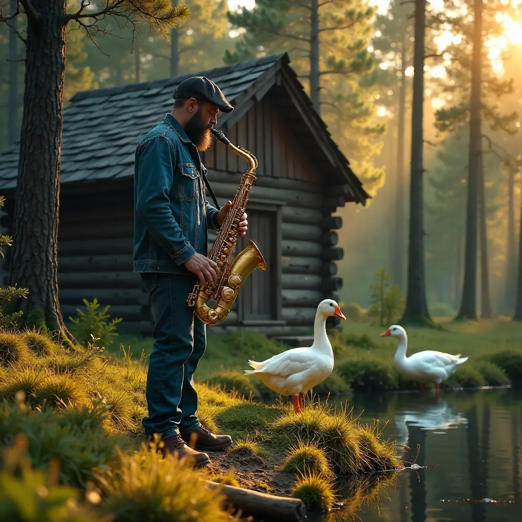 Saxophonist Outside a Rustic Forest Cabin