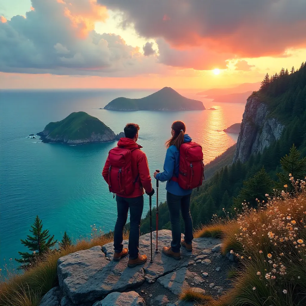 Two Hikers Overlook a Vast Island Archipelago