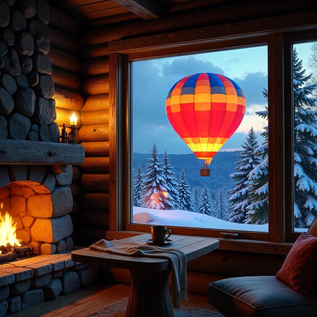 Photorealistic Balloon Seen From a Cozy Log Cabin