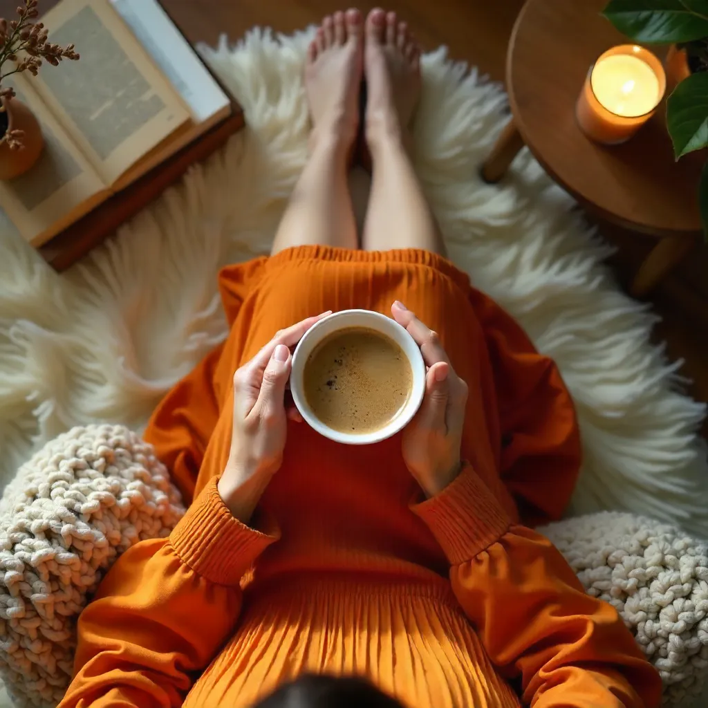 Top-Down Cozy Scene: Orange Dress and Coffee