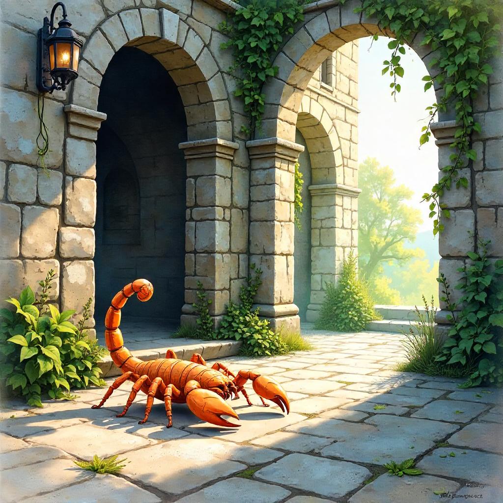 Delicate Watercolor: Scorpion in a Castle Courtyard
