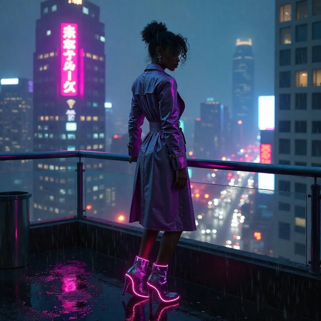 Elegant Black Girl on a Cyberpunk Rooftop