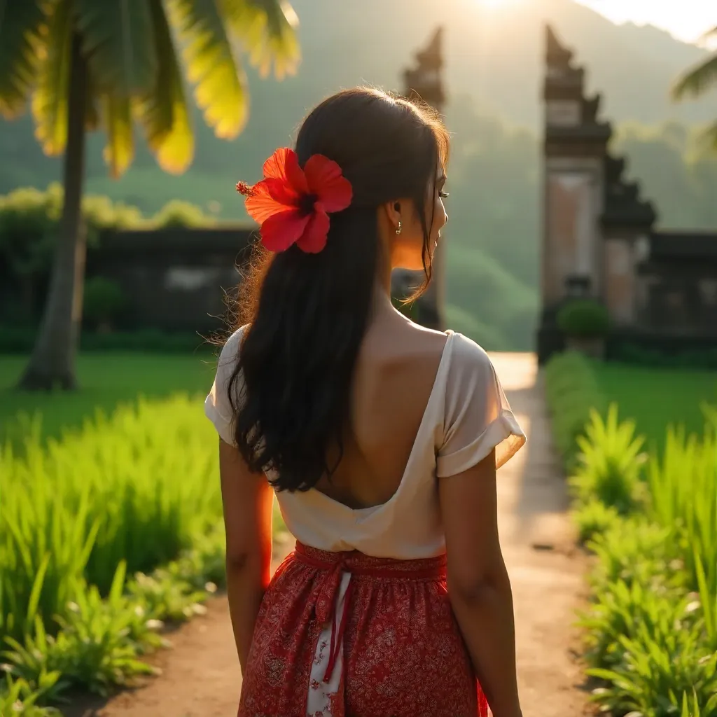 Back View in Bali: Red Hibiscus in Hair