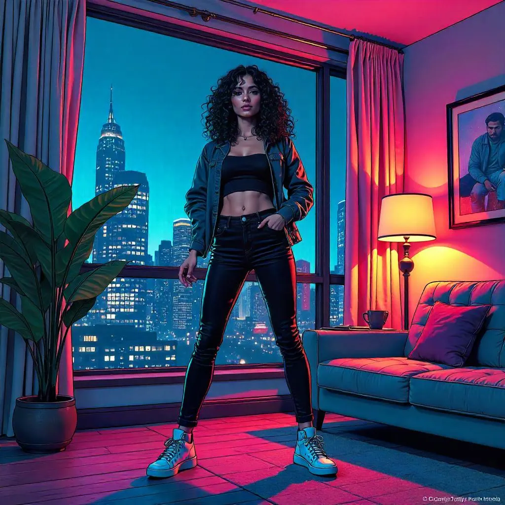 Bold Middle Eastern Woman in an Urban Comic Apartment