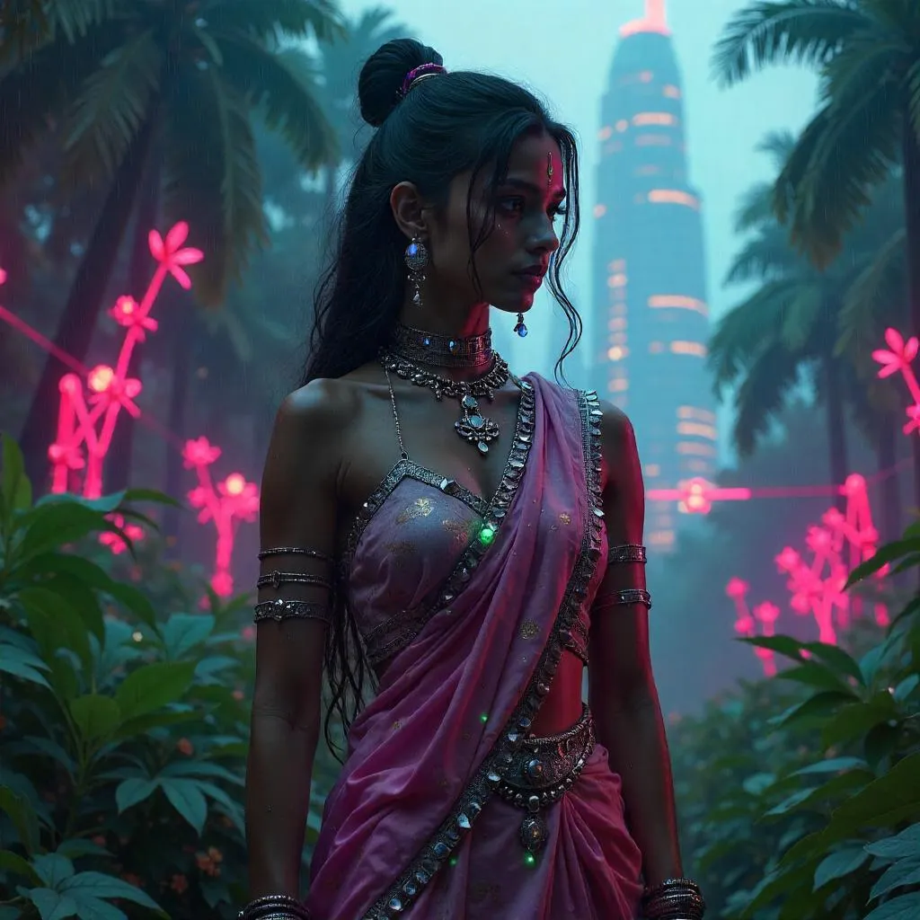 Neon Garden Goddess: Indian Cyberpunk in Bloom