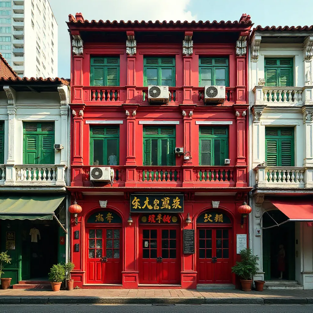 Red Shophouse Facade in Singapore's Chinatown