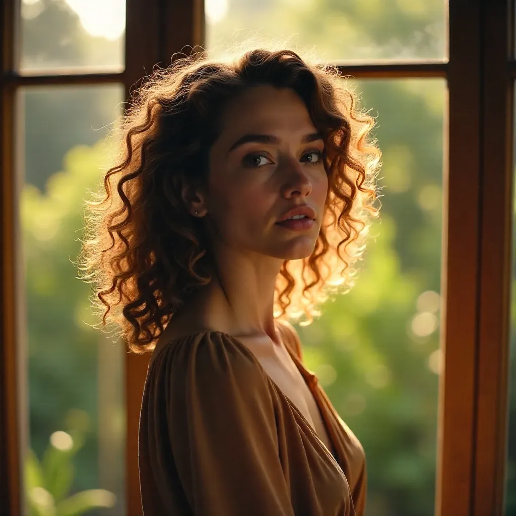 A Thoughtful Woman with Curly Hair by an Outdoor Window