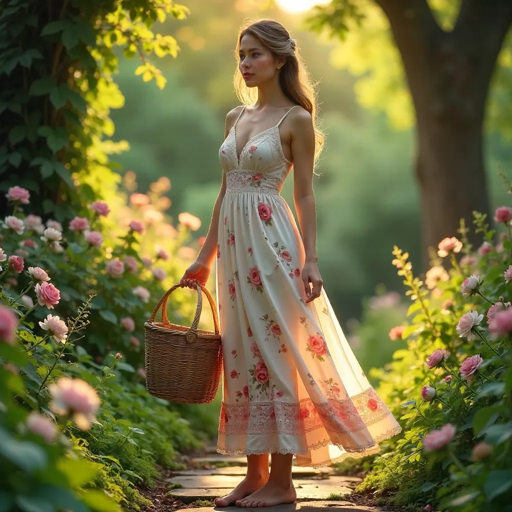 Garden Morning: Woman in Floral Dress with Basket