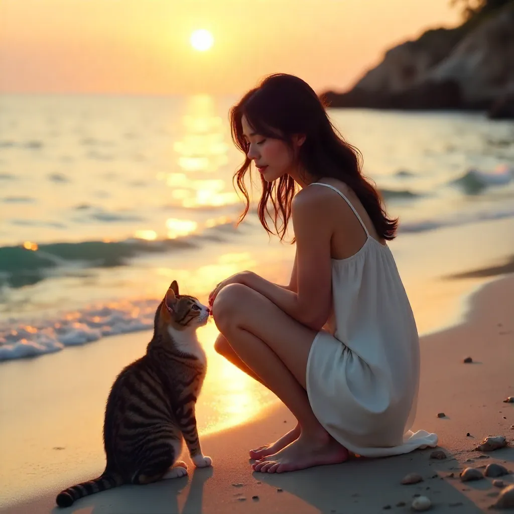 Sunset Serenity: Woman and Cat by the Sea