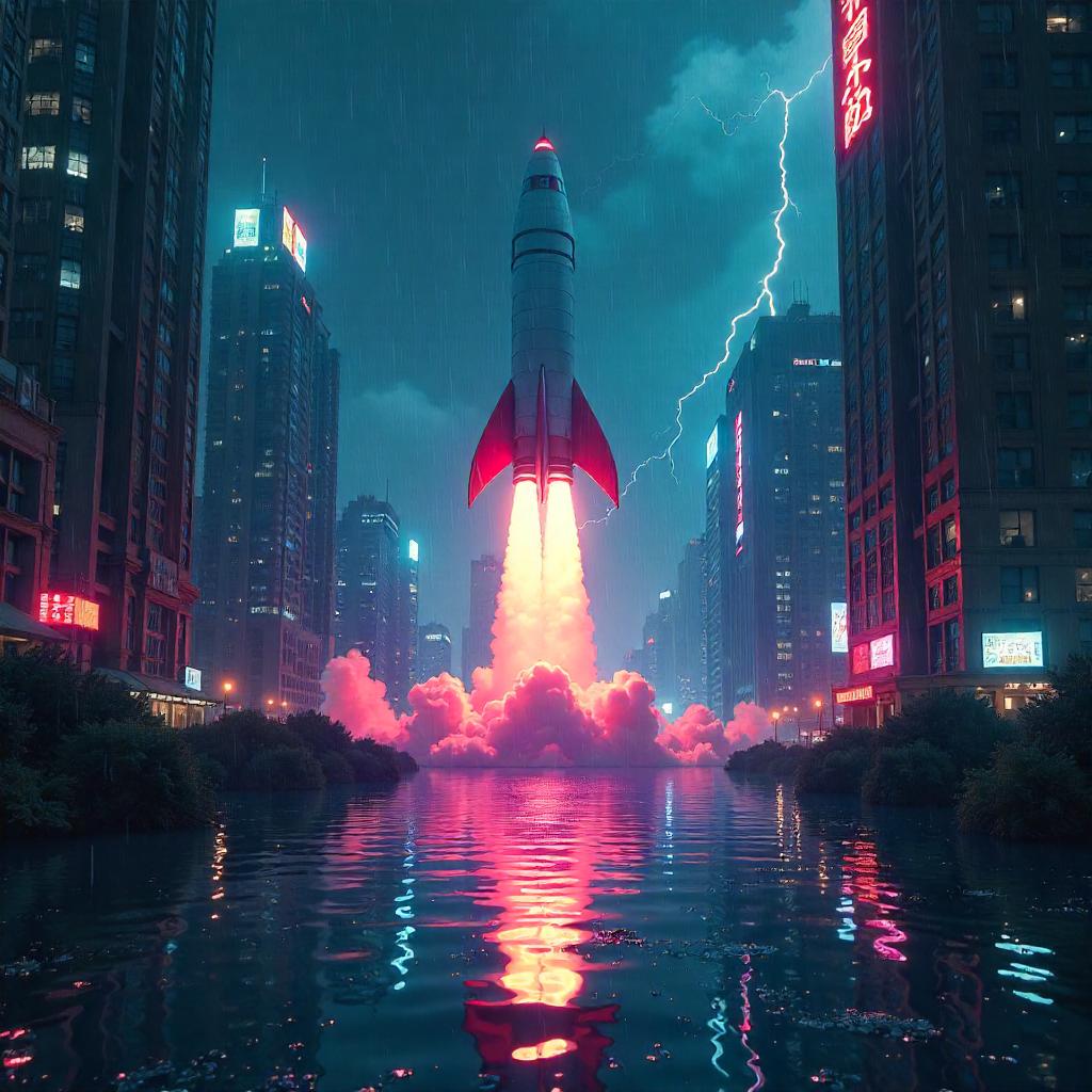 Rising Rocket Above a Submerged Neon City