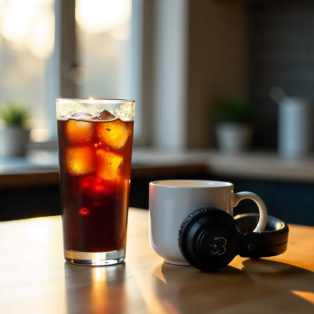 Sunny tabletop coffee moment with headphones and mug