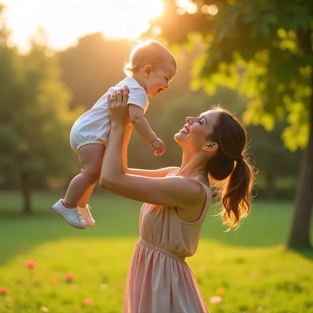 Joyful Park Moment: Mother Lifts Baby