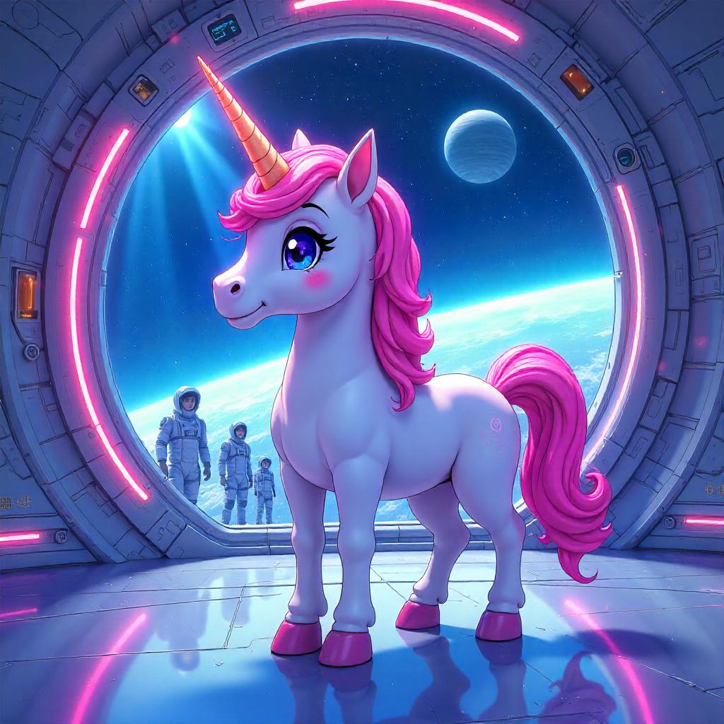 Unicorn in a Neon Anime Space Colony