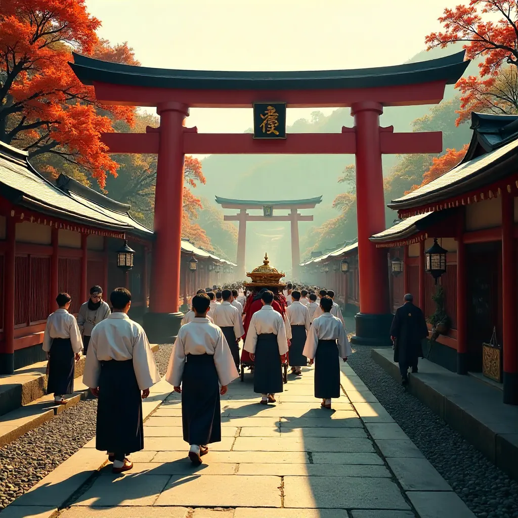 Traditional Shrine Procession in Ceremonial Attire