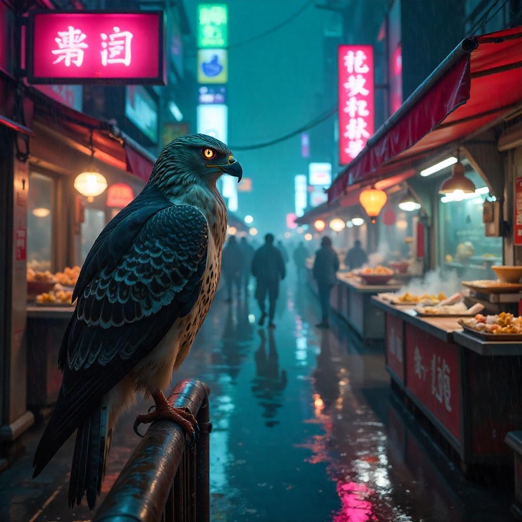 Hawk in Neon Market: A Cyberpunk Bazaar Encounter