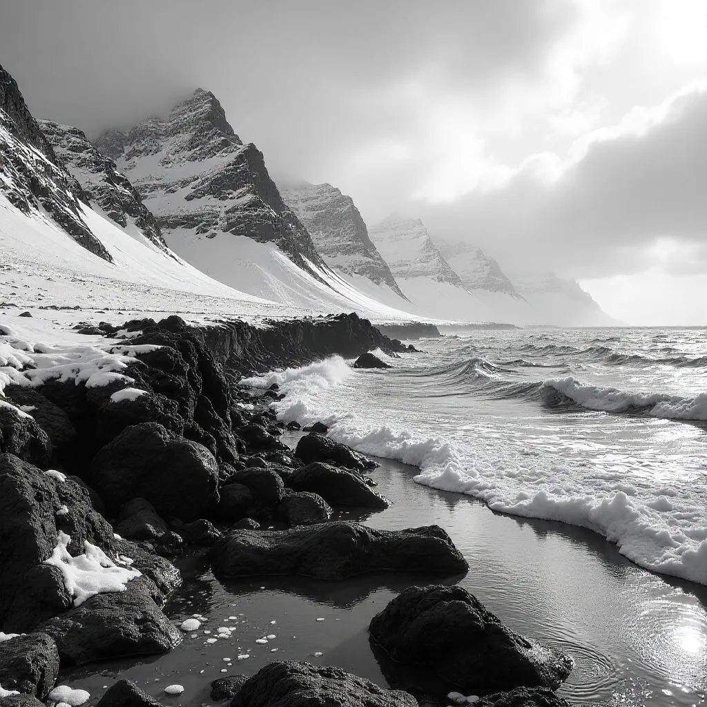 Monochrome Winter Ridge: Snowy Mountains & Rocky Shore