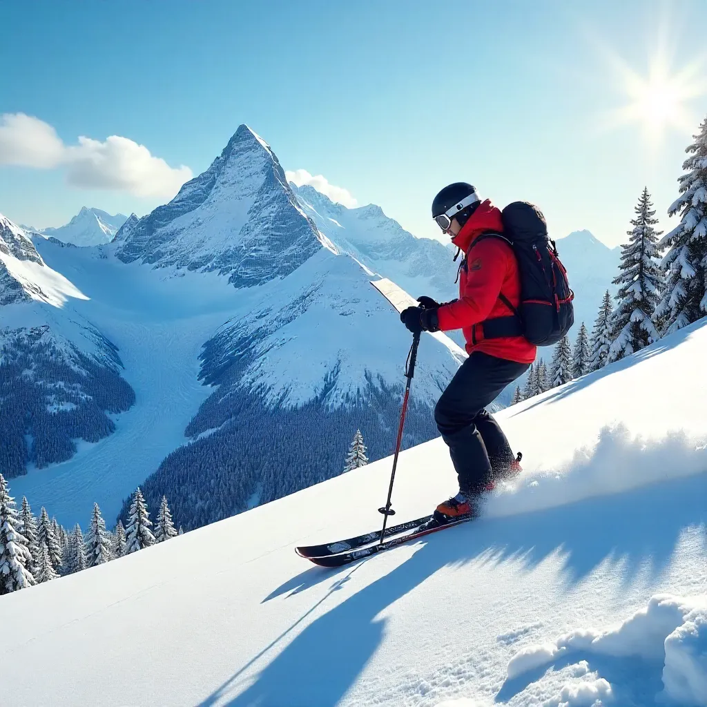 Skiing Adventure Across Snowy Alpine Peaks Under Clear Sky