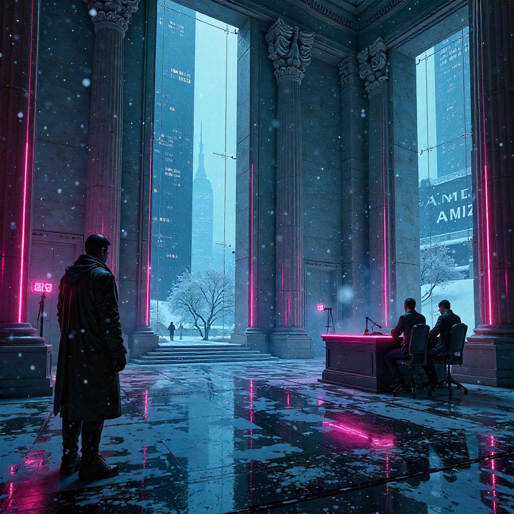 Snowfall in the Neon Courthouse of Cyberpunk Justice