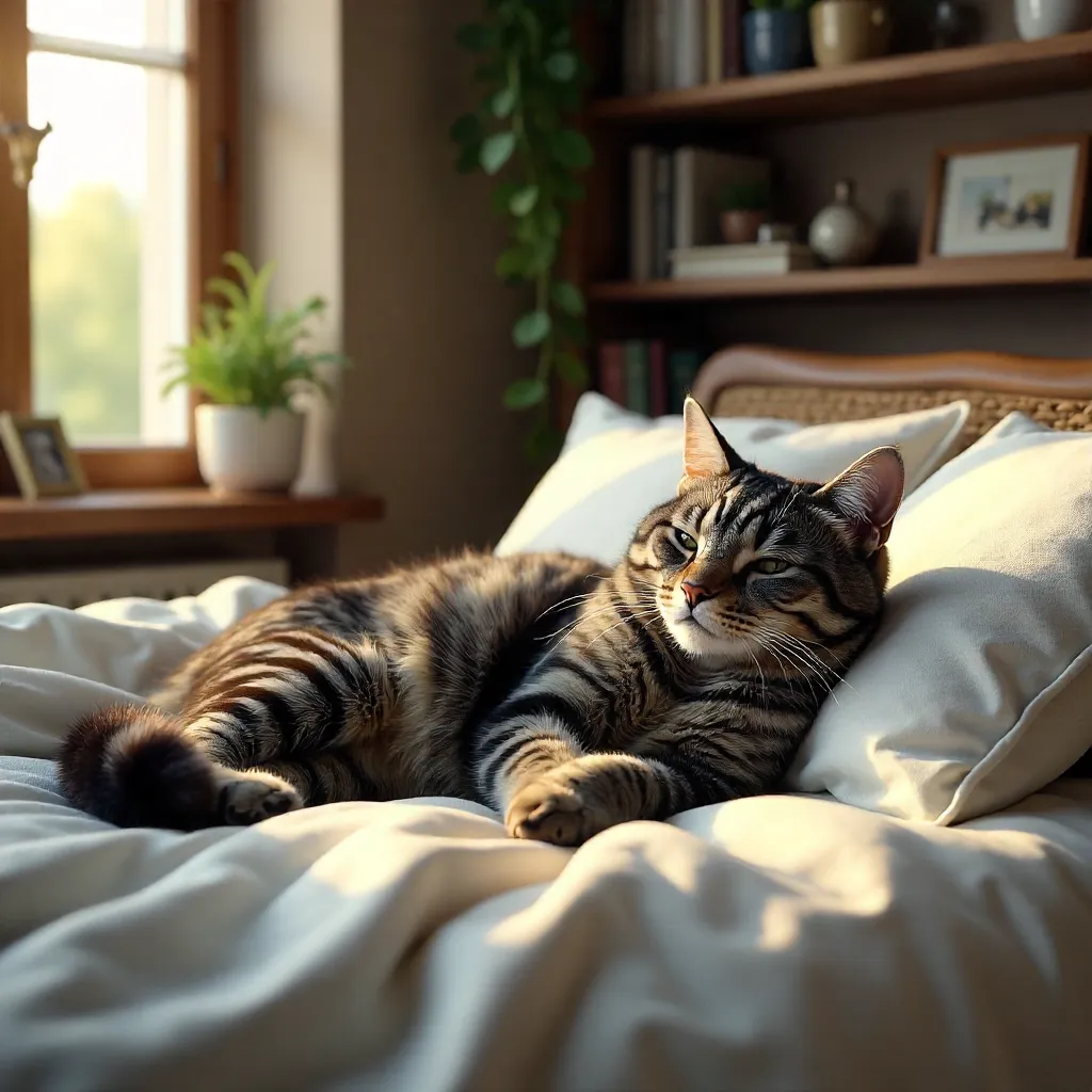 Grey Tabby Cat on a Cozy Bed Surrounded by Books