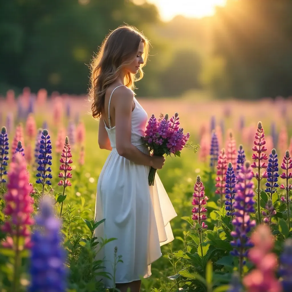 Lupine Field Muse: White Dress with Bouquet