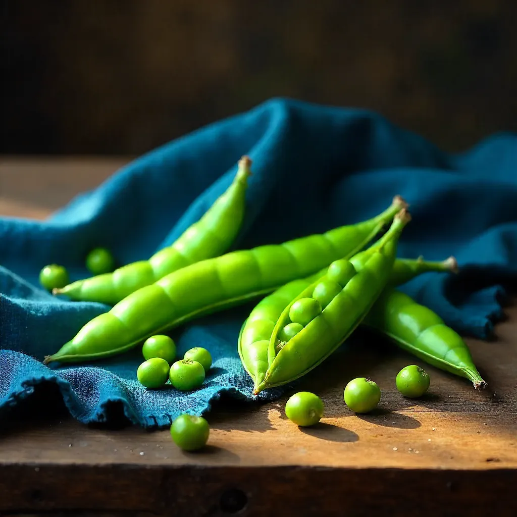 Still Life: Fresh Green Peas on Rustic Wood with Blue Cloth