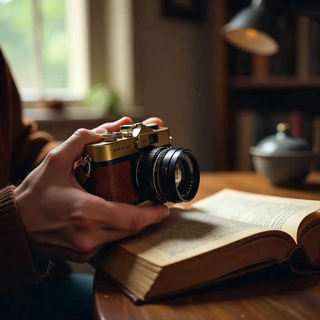 Nostalgia Close-Up: Hands with Camera and Book
