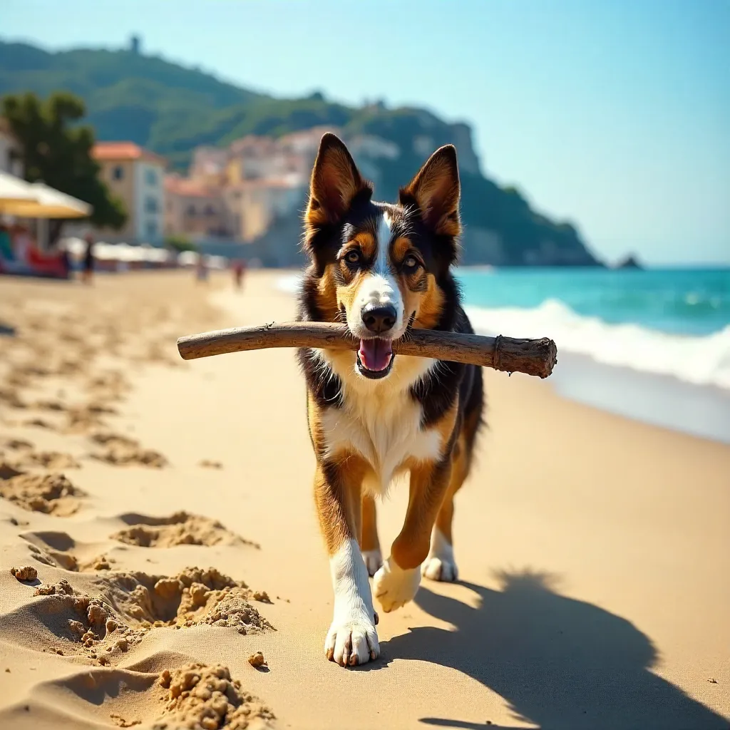 Australian Shepherd on an Italian Beach with a Stick