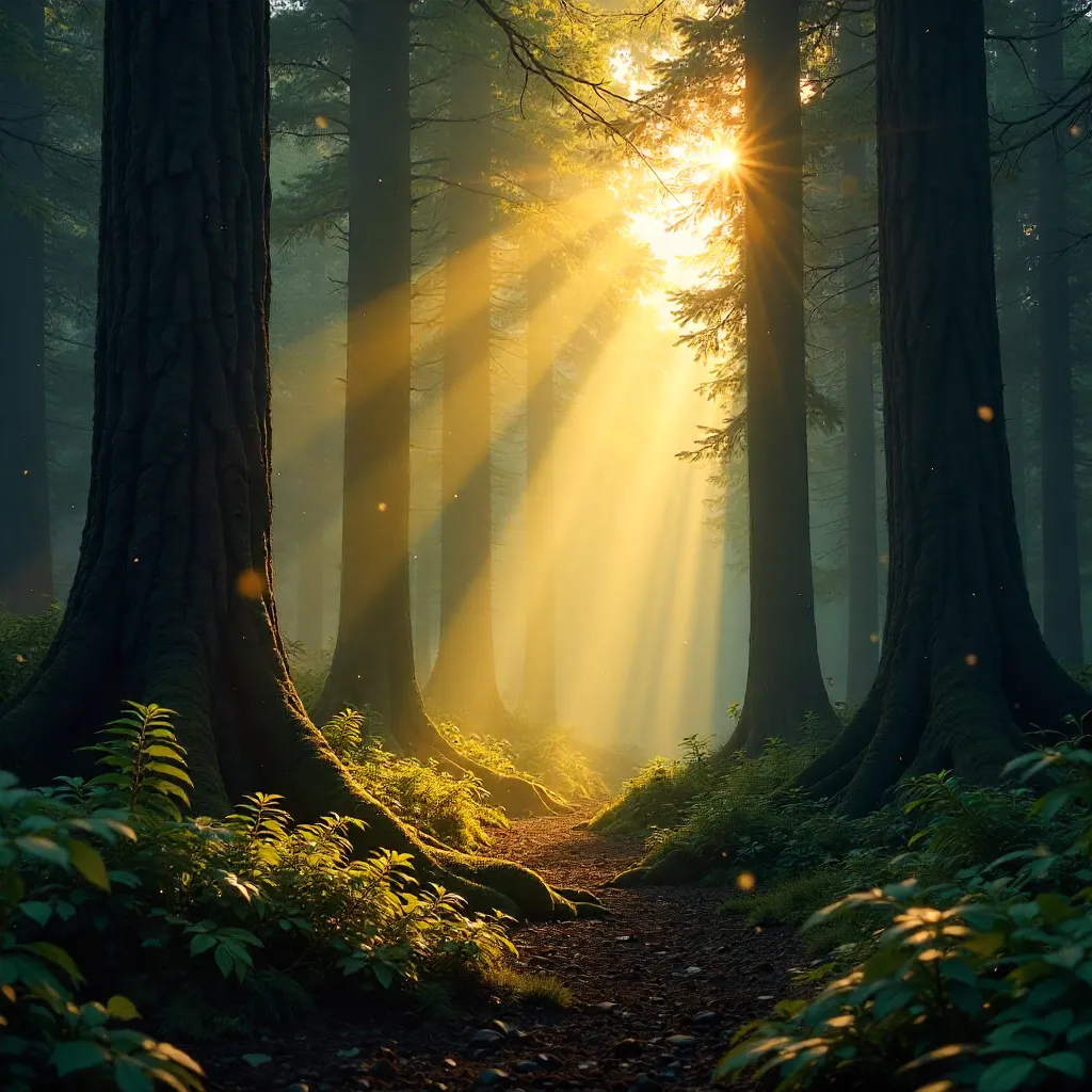 Dawn Sunbeams in Enchanted Forest Silhouettes