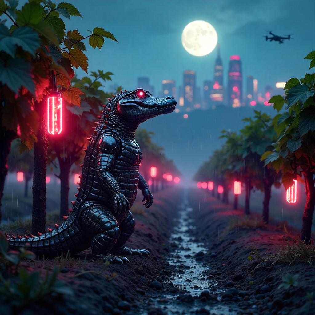 Neon Crocodile in a Cyberpunk Vineyard