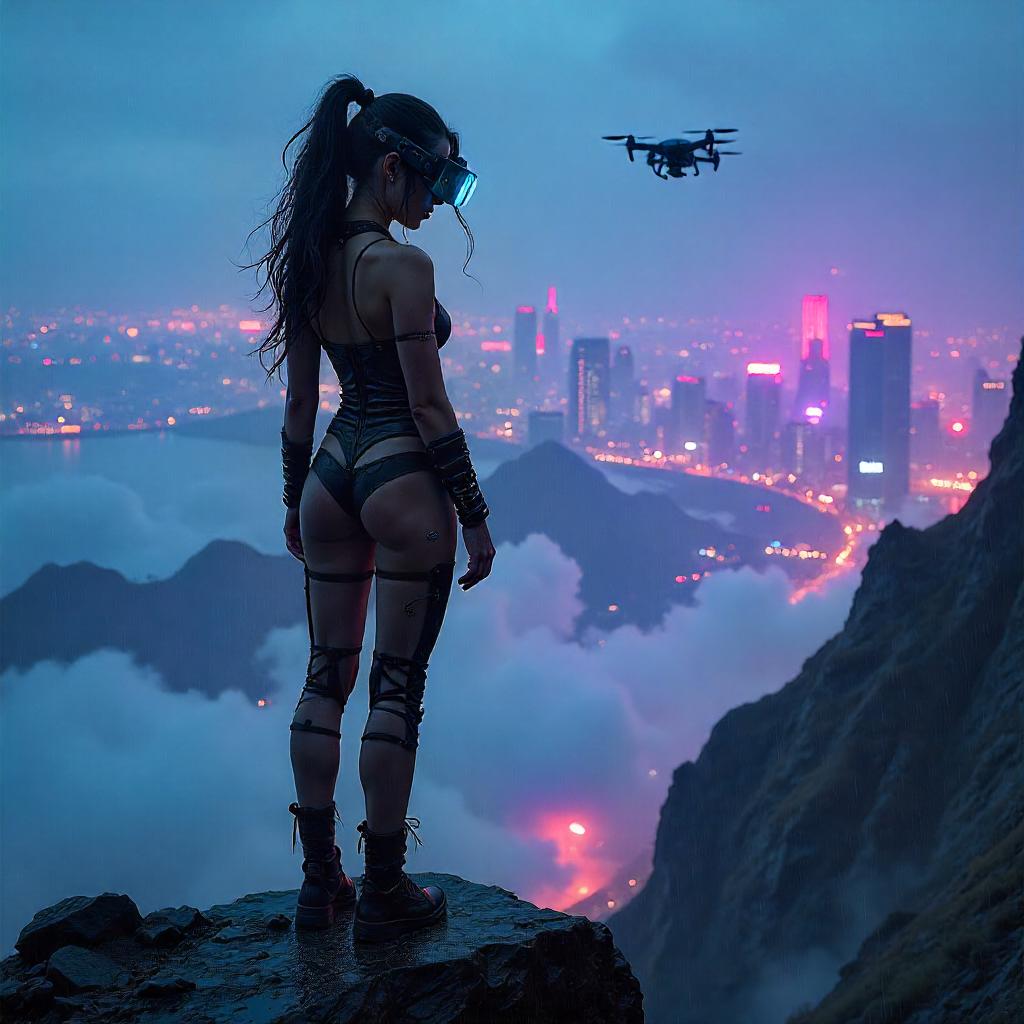 Neon Warrior on a Rocky Cliff