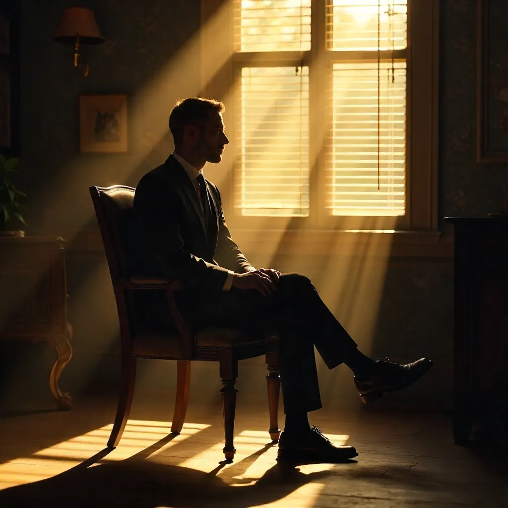 Sunlit Room with Long Shadows and a Man in Black