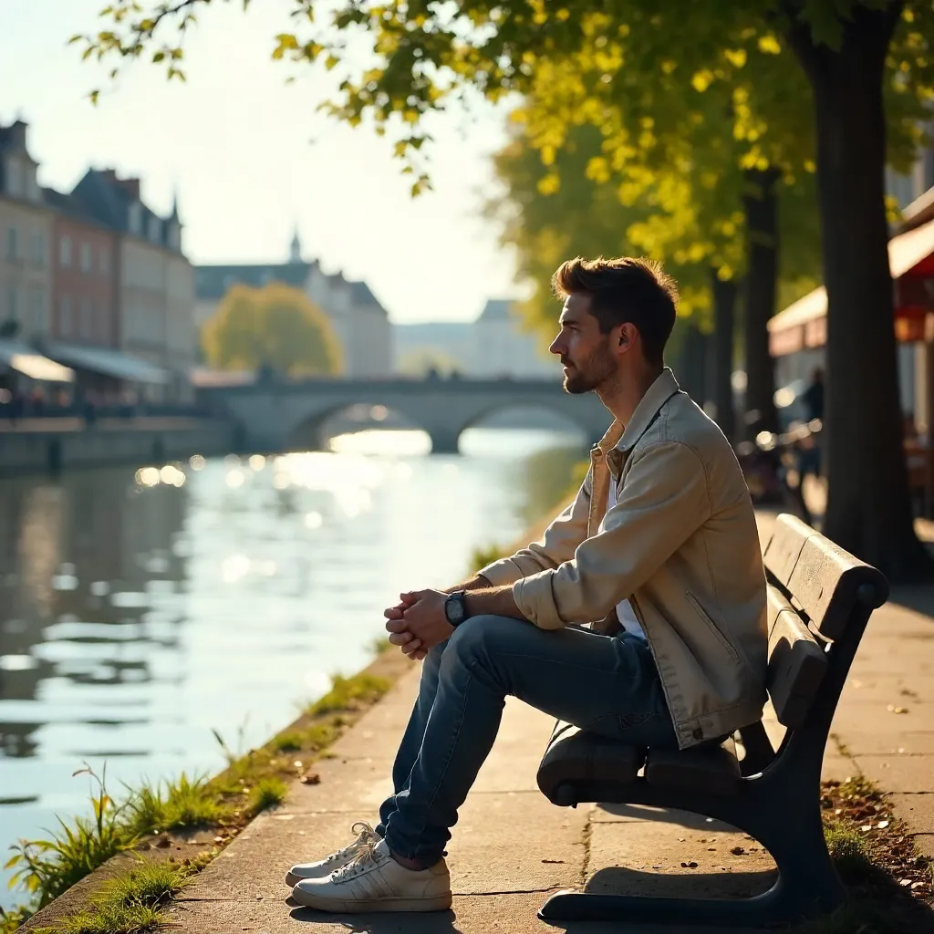 Solitary Thought by Lille's Sunny Deûle River