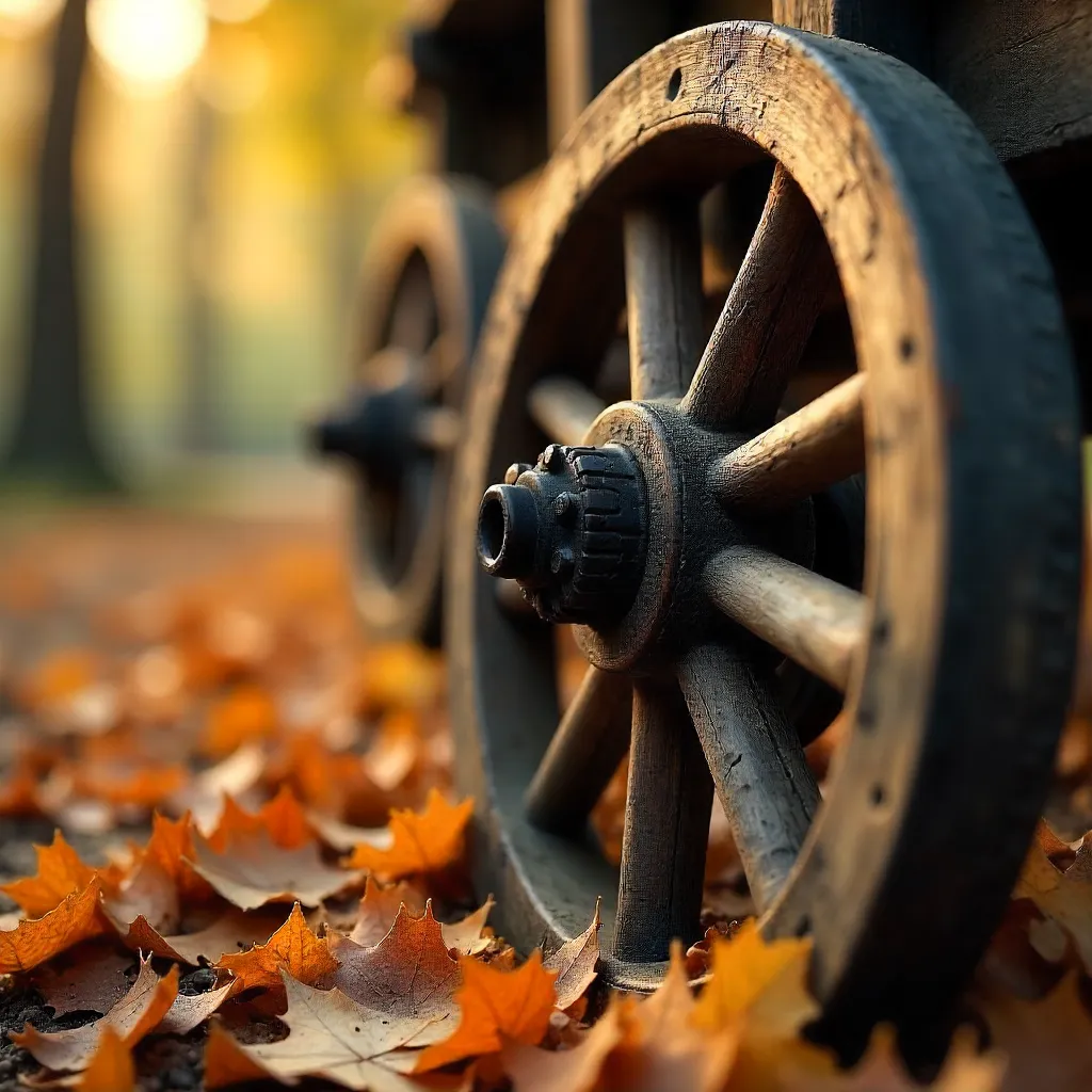 Rustic Wooden Cart Wheel in Autumn Leaves