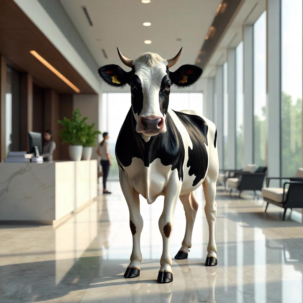 Photorealistic Cow in a Modern Office Lobby