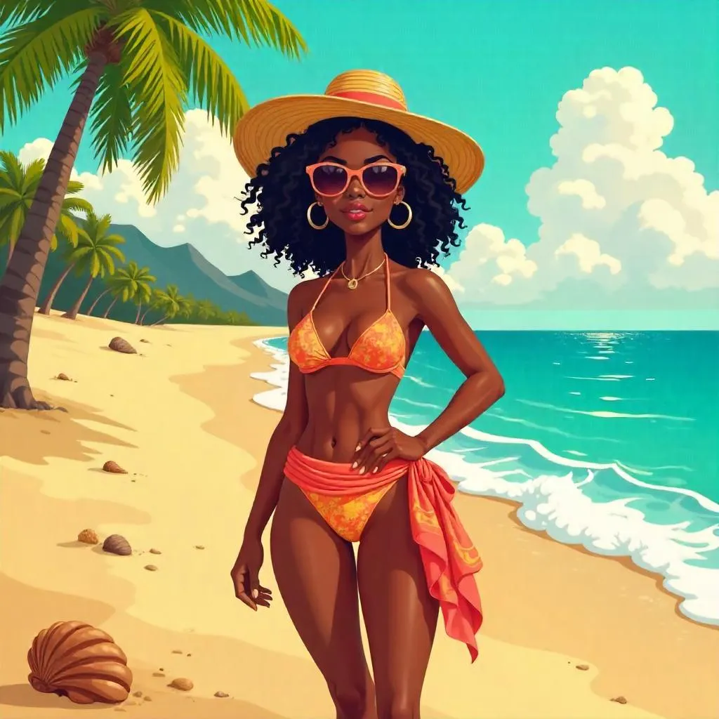 Stylish Black Girl on the Beach - Cartoon Style