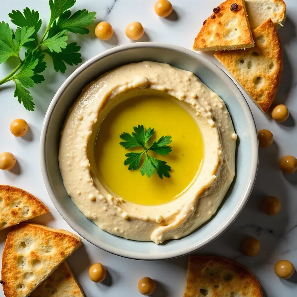 Flat-lay Hummus with Crispy Chickpeas and Flatbread