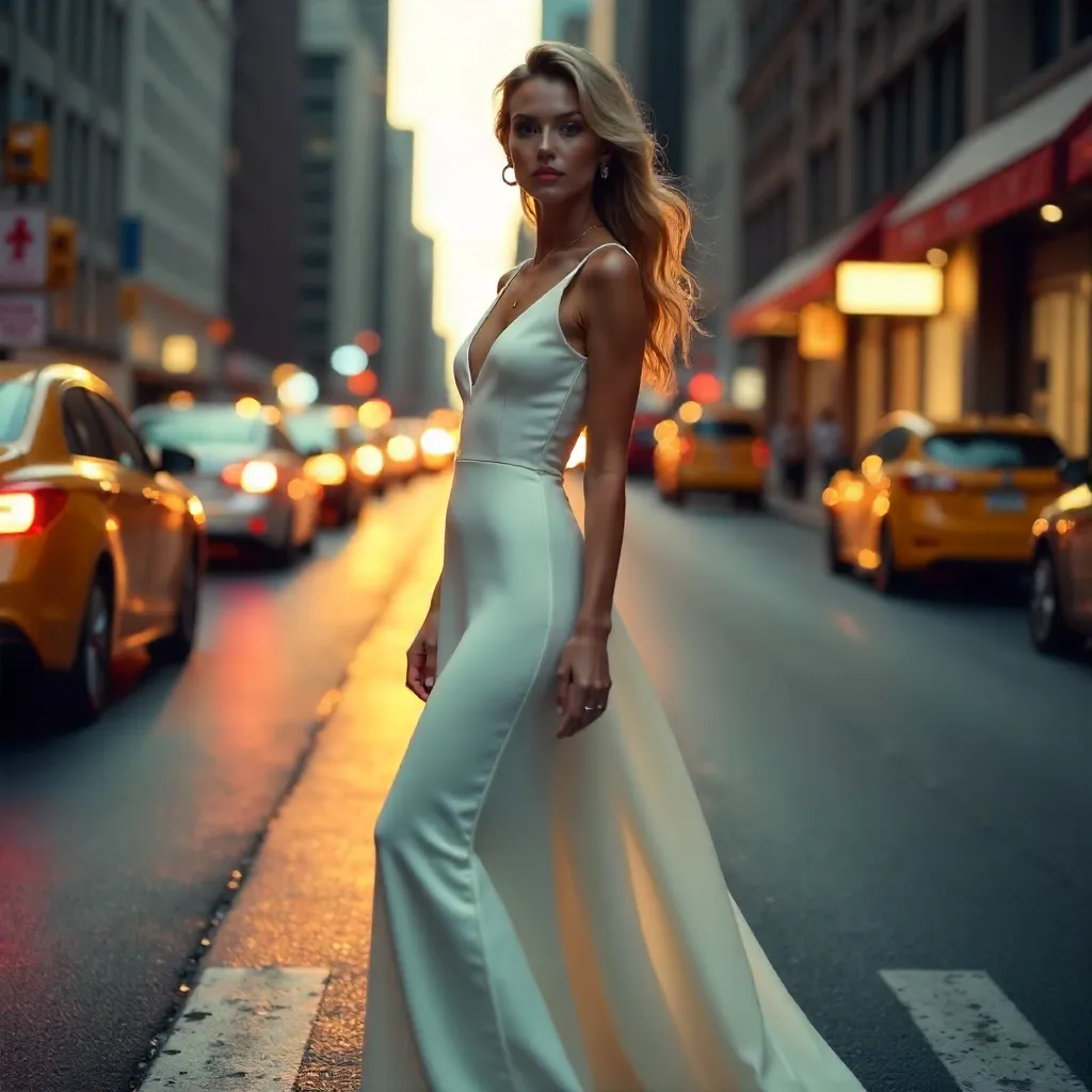 Elegance in Motion: Model in White Dress Amid City Traffic