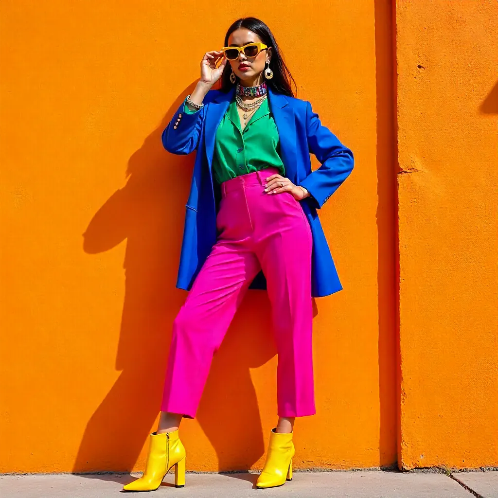Bold Colorful Fashion by the Orange Wall