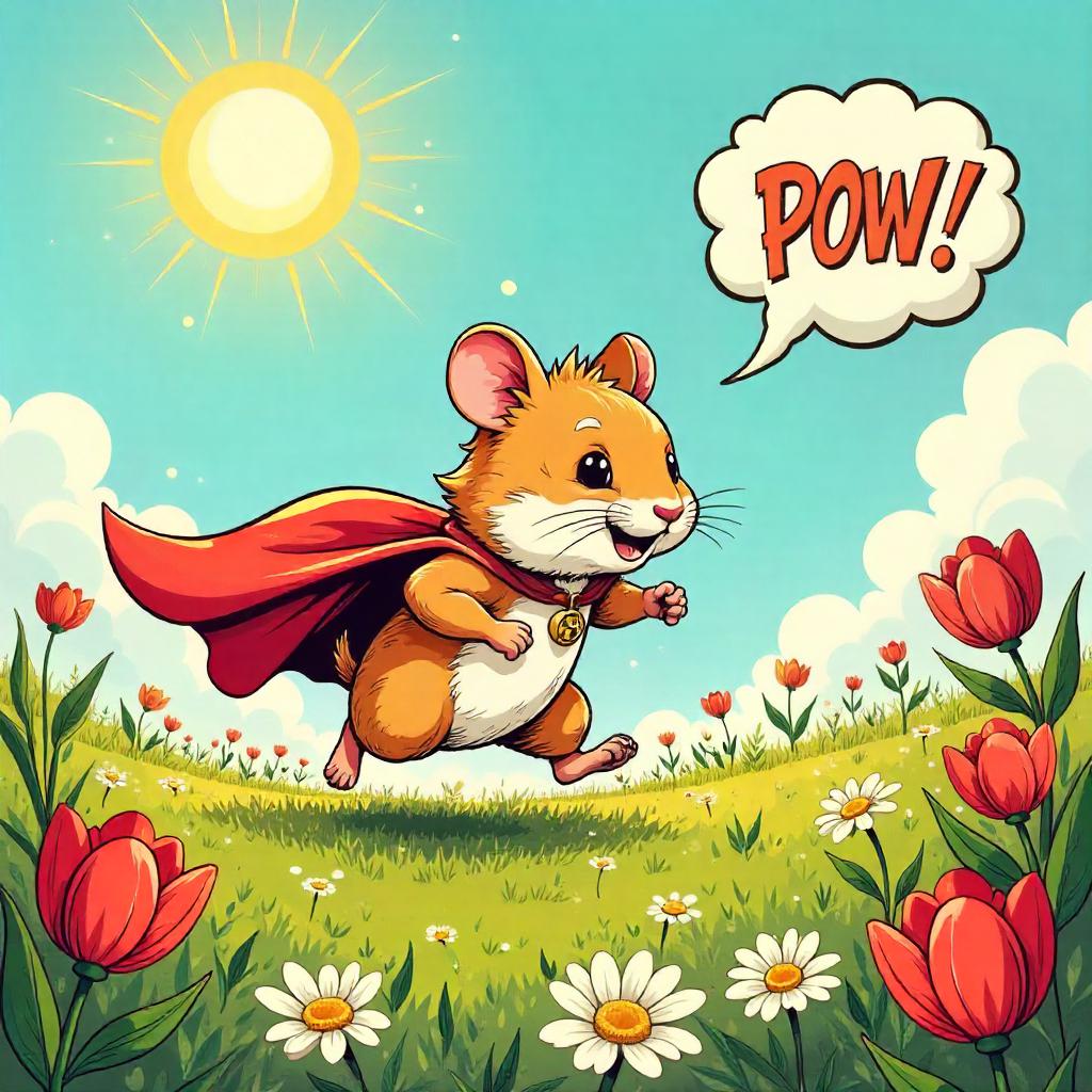Hamster Hero in a Flower Field — Comic Book Style