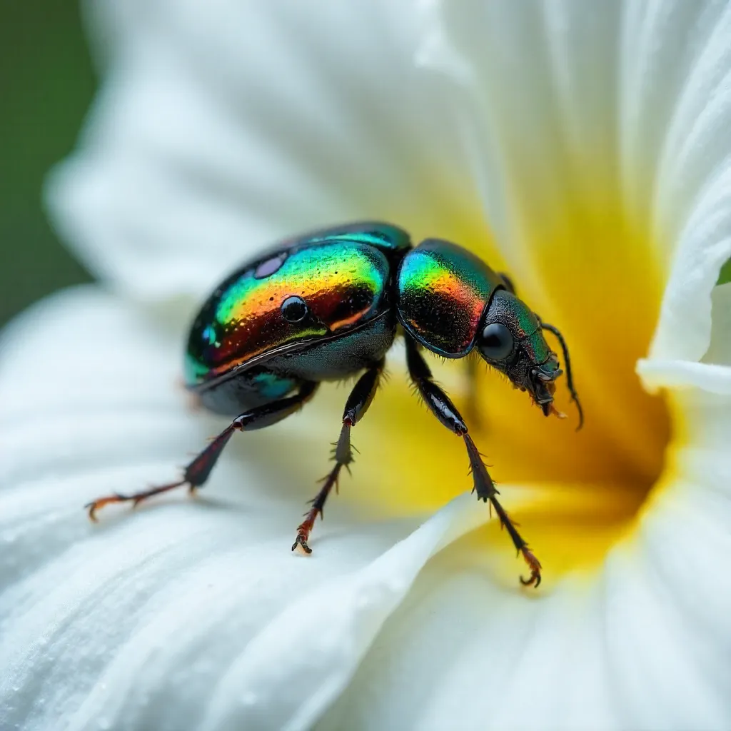 Macro Beetle on White Flower: Delicate Details
