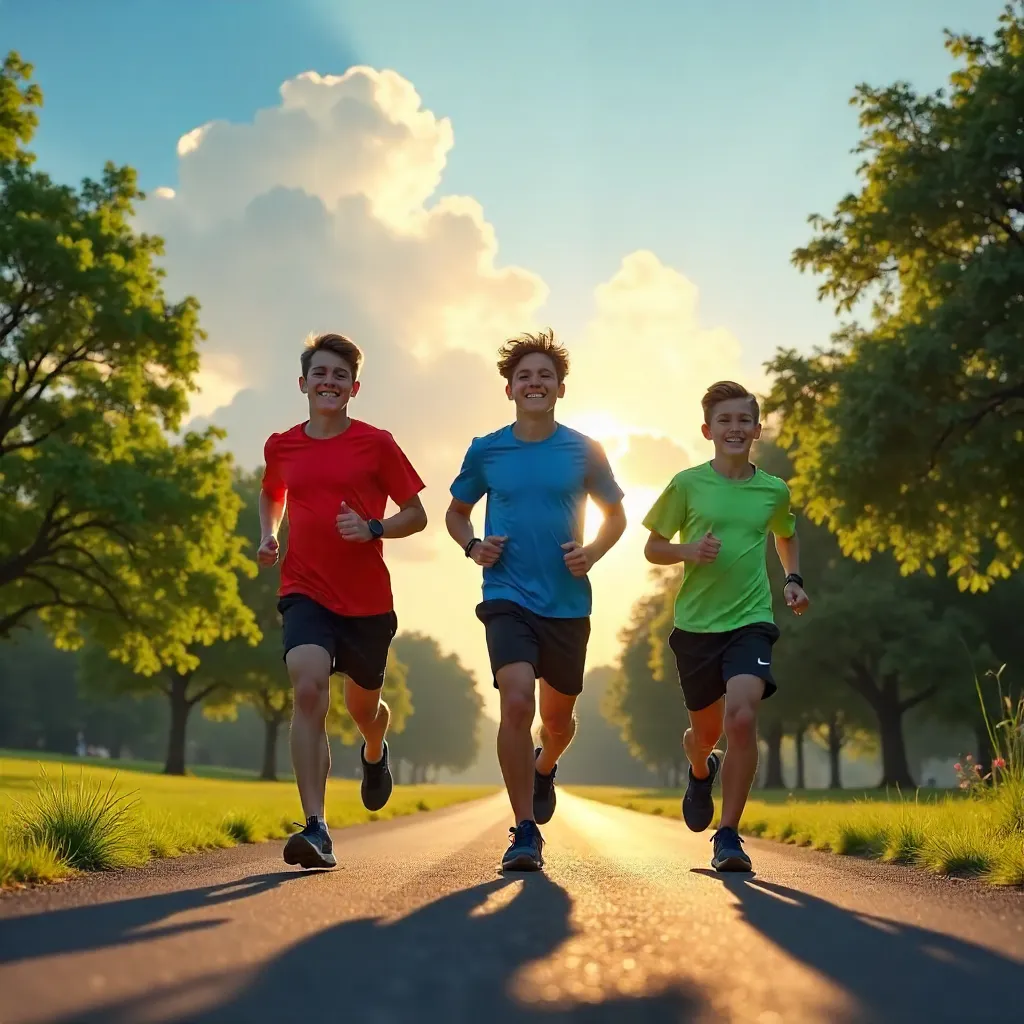 Three Teens Jogging Under Dramatic Cloudscape