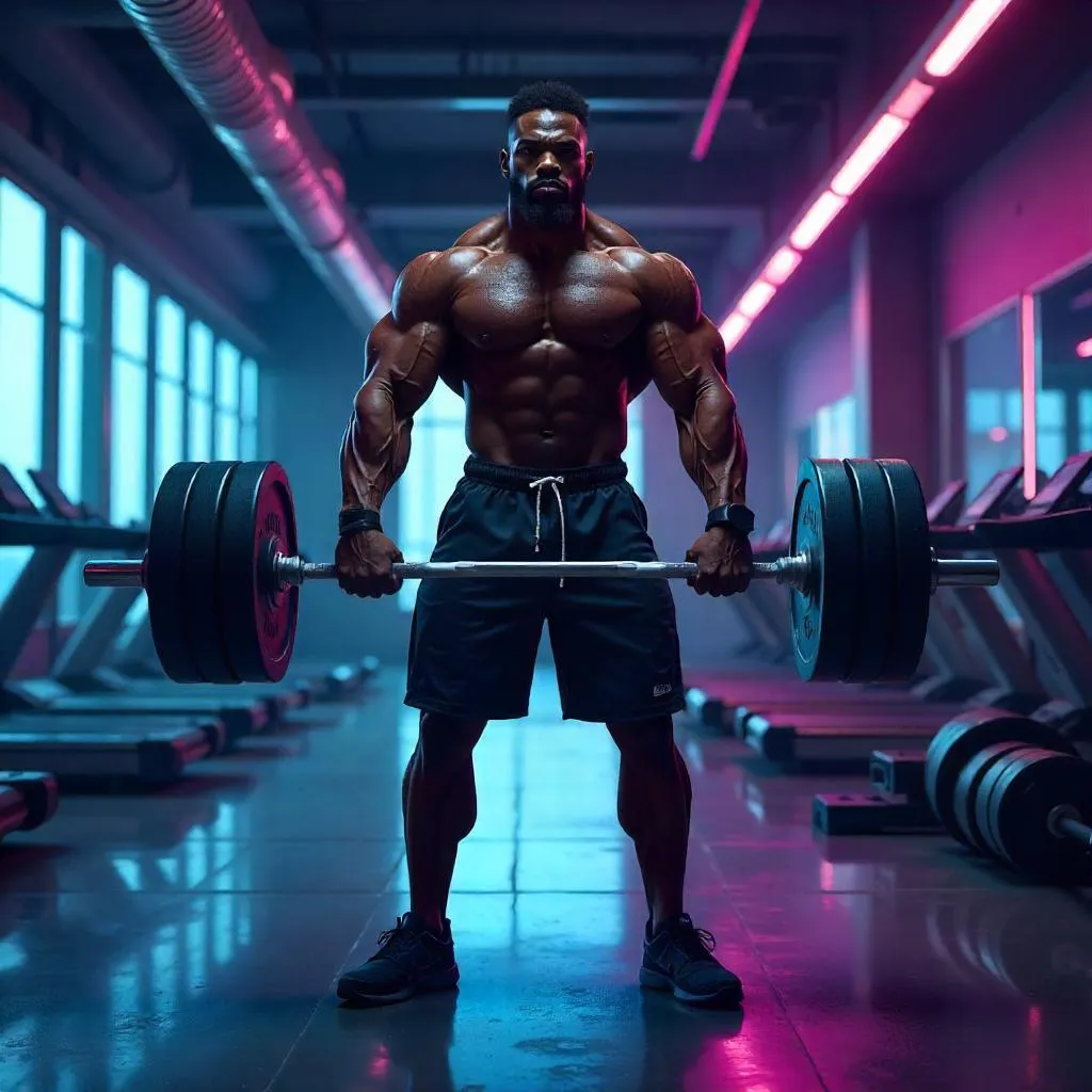 Powerful Black Man Lifting Weights in a Neon Gym