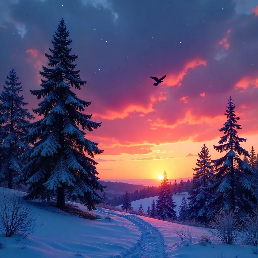Silhouetted Trees at a Starry Winter Sunset