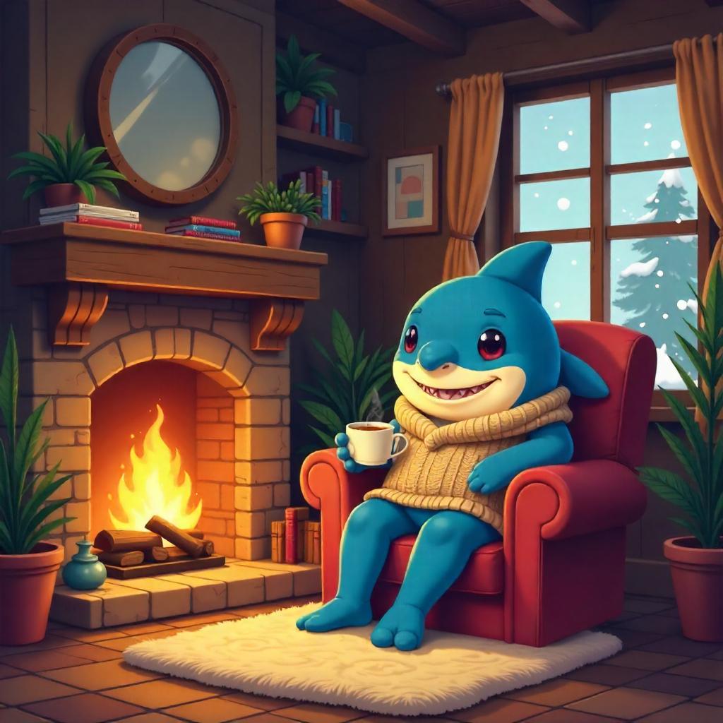 Anime Shark in a Cozy Cottage Living Room